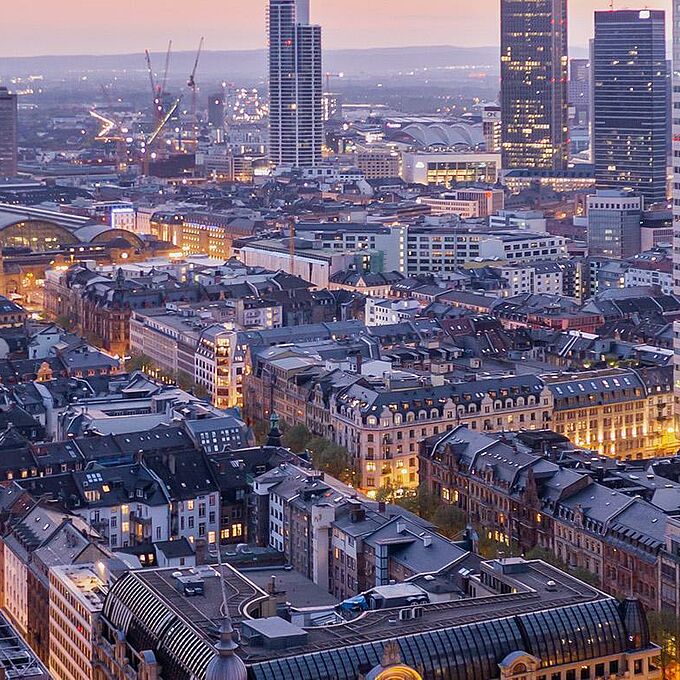 Drone shot with towers and buildings in Frankfurt city centre.