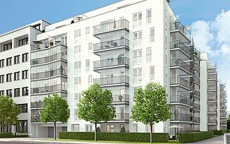 Eckansicht der Wohnanlage Tassiloplatz in München.