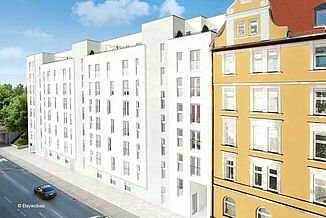 Straßenansicht der Fassade vom  Wohnquartier Tassiloplatz in München.