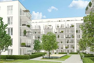 Grünanlage im Innenhof der Wohnanlage Tassiloplatz in München.