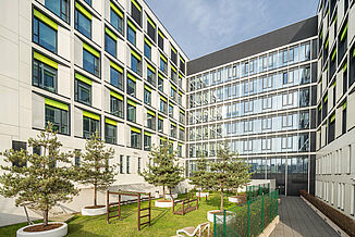 Gebäude des Kinderkrankenhauses der Universitätsklinik in Warschau mit Grünfläche und Spielplatz.