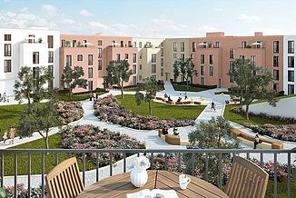 Innenhof der Gravensteiner Arkaden mit Terrassen und Grünflächen.