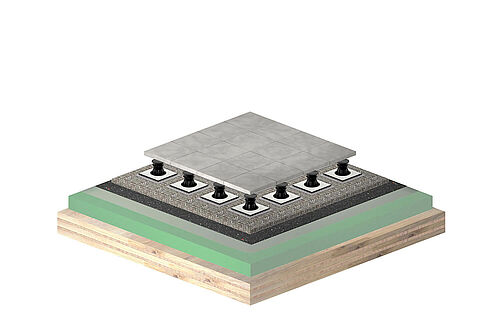 REGUPOL sound and drain 22 unter Stelzlagern und Betongehwegplatten auf Brettsperrholzdecke