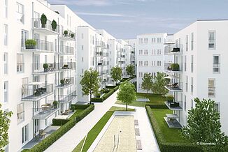 Begrünter Innenhof vom Wohnquartier Tassiloplatz in München.