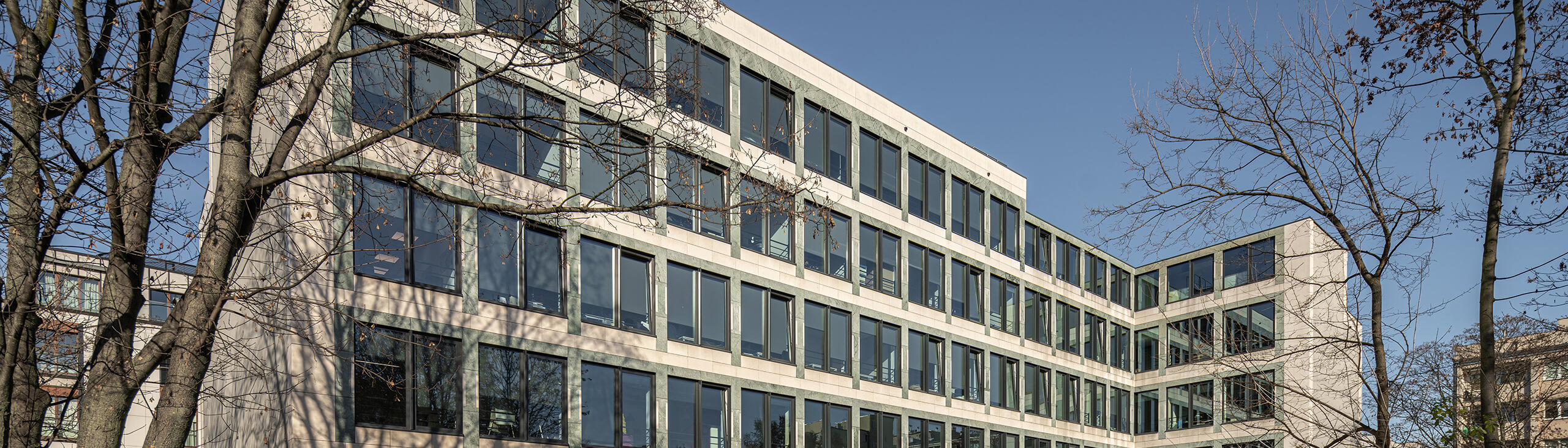 Exterior view of the ultra-modern Carpathia office building in Warsaw's Powiślethia district.
